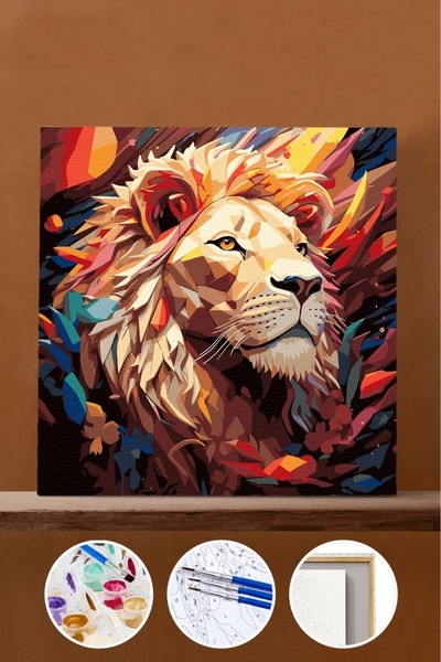 Pastelya Sayılarla Boyama Seti Çerçeveli Kasnaklı Renkli Aslan 2 60x75 cm