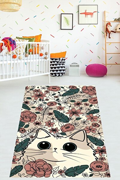 on the clouds Çiçekler Arasındaki Kedi Yıkanabilir Kaymaz Taban Leke Tutmaz Ç...