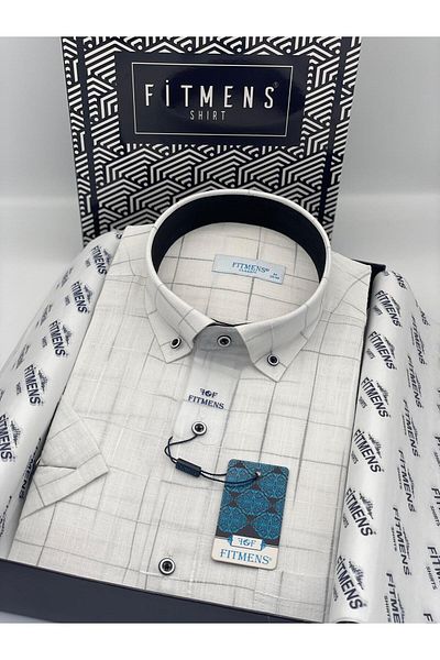 Fitmens Classic Short Sleeve Checkered Linen Cotton Collar Buttoned Men's Shirt with Gift Box Fs- 003573   - White Gray