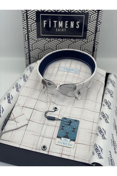 Fitmens Classic Short Sleeve Checkered Linen Cotton Collar Buttoned Men's Shirt with Gift Box Fs- 003573   - White Burgundy
