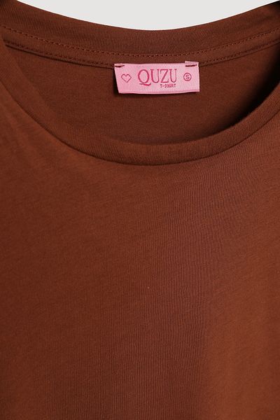 Quzu Three Quarter Sleeve Basic Oversize T-Shirt Brown