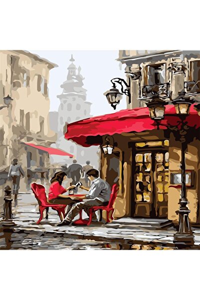 Pastelya Sayılarla Boyama Seti Çerçeveli Kasnaklı Köşedeki Kahveci 40 x 50 Cm