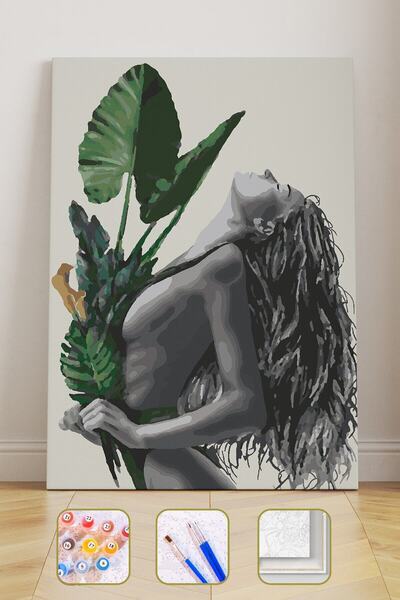 Pastelya Sayılarla Boyama Seti Çerçeveli Kasnaklı Yapraklar Ve Kadın  50 x 65 cm