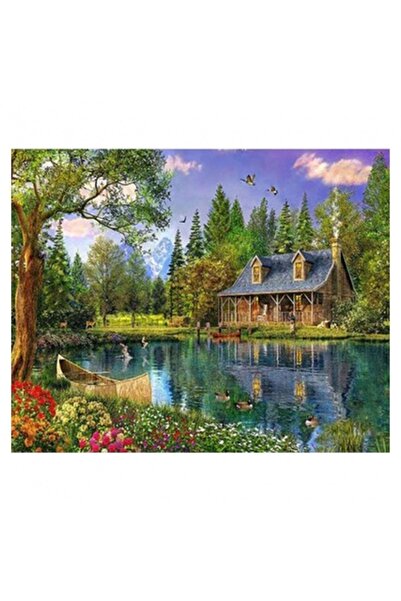 Pastelya Sayılarla Boyama Seti Çerçeveli Kasnaklı Göl Evi 90 X 110 Cm