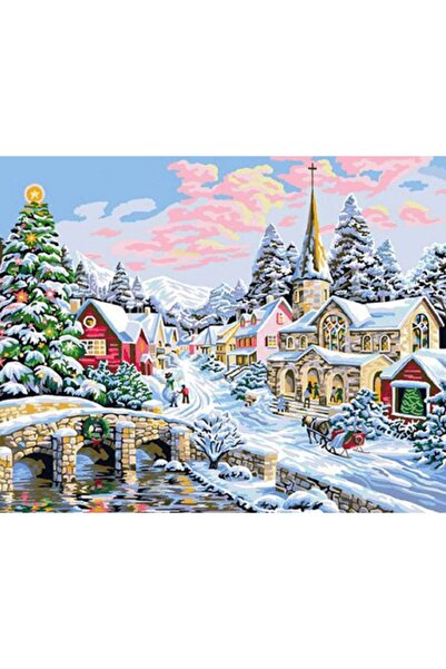 Pastelya Sayılarla Boyama Seti Çerçeveli Kasnaklı Kasabada Kış Keyfi  50 x 65 cm