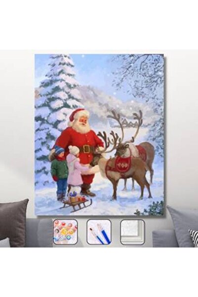 Pastelya Sayılarla Boyama Seti Çerçeveli Kasnaklı Noel Baba Ve Çocuklar  50 x 65 cm