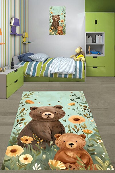 on the clouds Çiçekler Arasında Ayıcık Ve Yavrusu Yıkanabilir Kaymaz Taban Le...