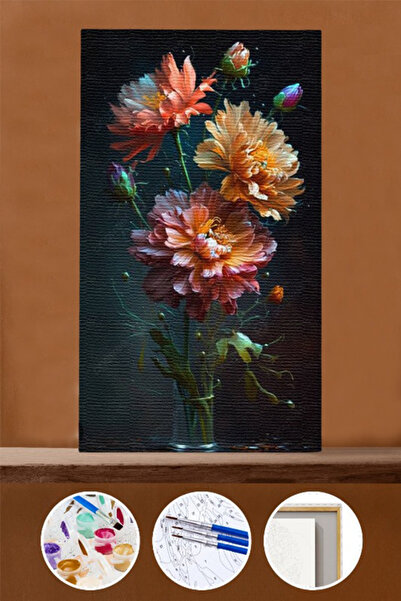 Pastelya Sayılarla Boyama Seti Çerçeveli Kasnaklı Çiçek ve Yaprakları 40 x 50 Cm