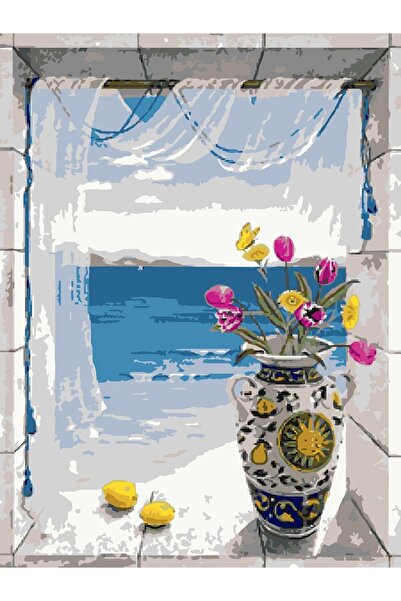 Pastelya Sayılarla Boyama Seti Çerçeveli Kasnaklı Denize Açılan Çiçekli Pence...