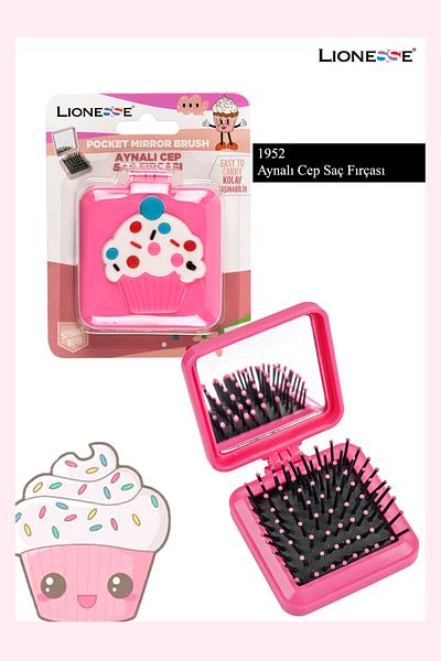 Lionesse Cupcake Figured Mirrored Pocket Hair Brush – Pink, Portable, Travel Size
