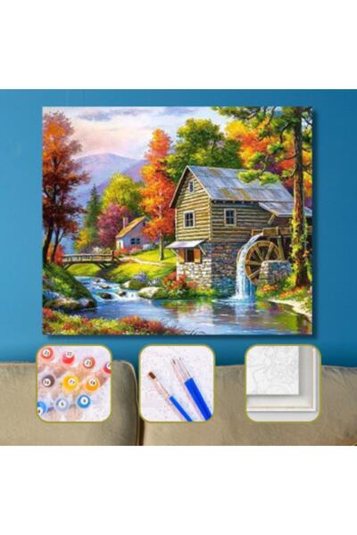 Pastelya Sayılarla Boyama Seti Çerçeveli Kasnaklı Değirmenli Ev  50 x 65 cm