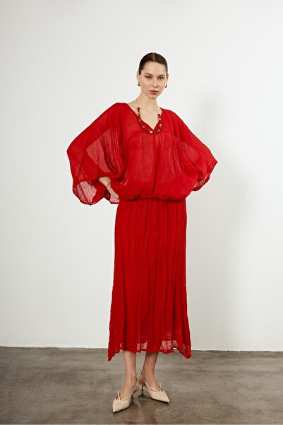 Suziş KADIN KOLYELİ KIRIŞIK KUMAŞ BLUZ ETEK TAKIM 51134