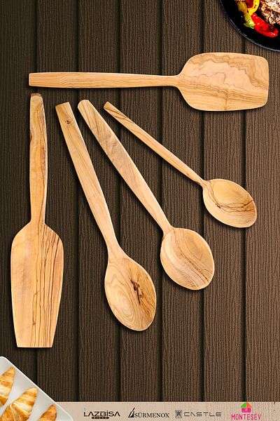 MONTESEV Olive Wood Wooden Wooden Spoon Spatula Set (Olive Wood) Wooden Spoon