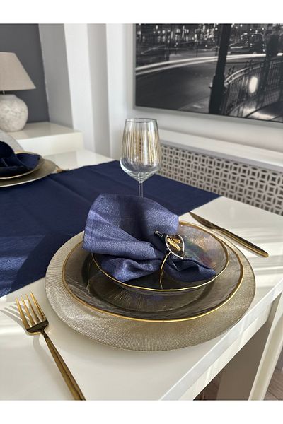 Decamor home 6 Pack Linen Textured Glittery Navy Blue Napkin Fabric Napkins