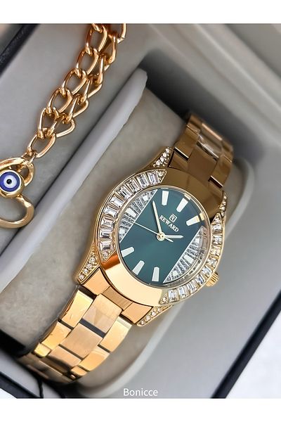 Reward Yellow Steel Cord,Green Dial Valentine's Day Gift Women's Wrist Watch Bracelets