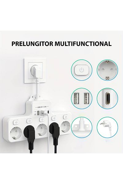 miraza Multifunctional Socket, 5 X 4000w Sockets, 2 X Usb-c Pd, 2 X Usb, Individual Switch, Fireproof
