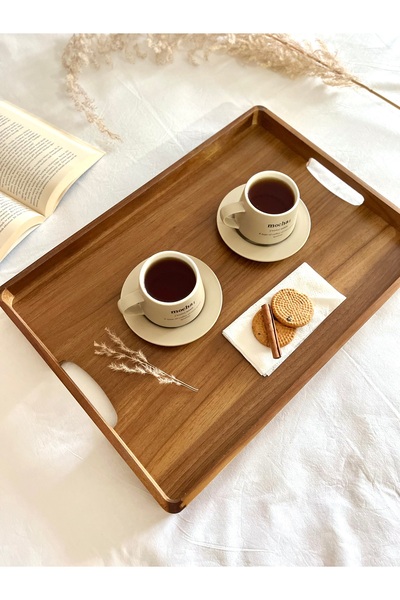 Bohemia Doğal Akasya Ahşap Tepsi 48x34x4 cm Büyük Boy (L)– Sunum ve Servis Tepsisi