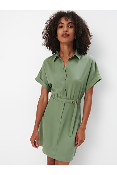 SELAZRA Piqe Elbise Gömlek Yaka Kısa Kol Diz Üstü Regular Fit Haki Renk Elbise