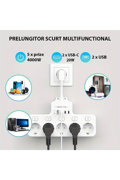 miraza Multifunctional Socket, 5 X 4000w Sockets, 2 X Usb-c Pd, 2 X Usb, Individual Switch, Fireproof