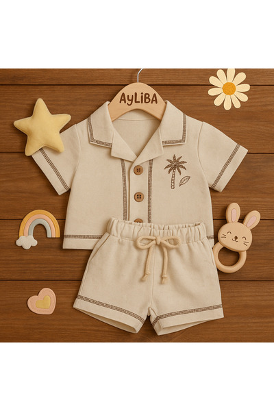 Necix's PALMİYE NAKIŞLI KETEN GÖRÜNÜMLÜ PAMUKLU ERKEK ŞORTLU TAKIM