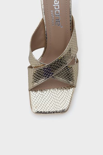 Capone Outfitters Mavis Blunt Toe Snake Patterned Cross Strap Medium Heeled Metallic Women's Slippers