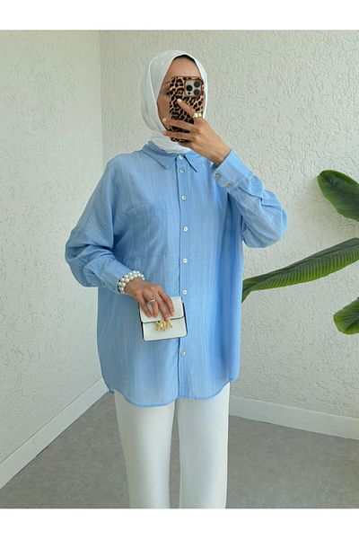 Modamorfo Μακρύ πουκάμισο Casual με μονή τσέπη στην πλάτη - Ανοιχτό μπλε
