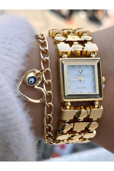 Fiesta Golden Yellow Steel Cord Bridal Engagement Wedding Square Case Bride Wristwatch Bracelet