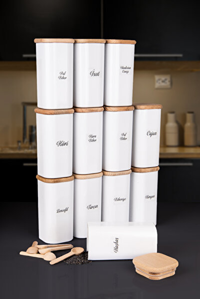 Lizzy 12'li 250 ml Vakumlu Bambu Ahşap Kapaklı Porselen Görünümlü Akrilik Baharatlık Kaşık Etiket Hediyeli