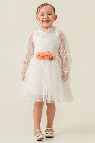 Eray Kids Floral Girls' Evening Dress with Lace Neckline and Shoulder Detail
