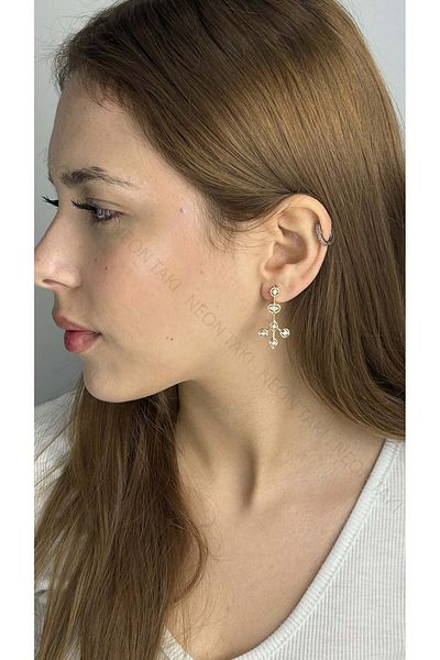 Neon Takı by Atalay Geometric Design Earrings with Sensitivity Tag and Zircon Stone, Stainless Steel 605, Gold Color