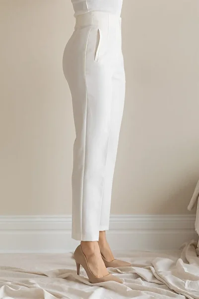 Tebessüm Life Pantaloni albi din stofă cu talie înaltă