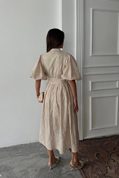 HELİS BUTİK Μπεζ Κέντημα Φόρεμα - Μανίκι με μπαλόνι και ζώνη με πιέτες