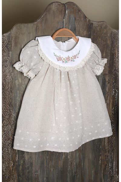 miabambim Floral Embroidered Lace Detailed Linen Baby Girl Dress Beige