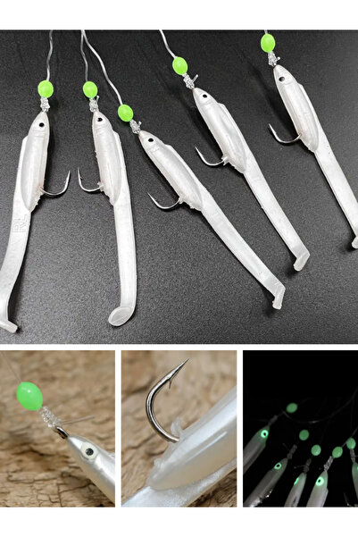 eagenset Silikon Balıklı Çapari 5.5 Cm (2 Adet) Silikon At Çek Takımı Beyaz Fosforlu Gözler ve Glow Boncuklu