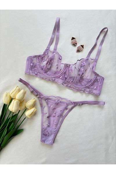İNKO İÇ GİYİM Set sutien din tul fără căptușeală cu sârmă florală (BRA TANGA)