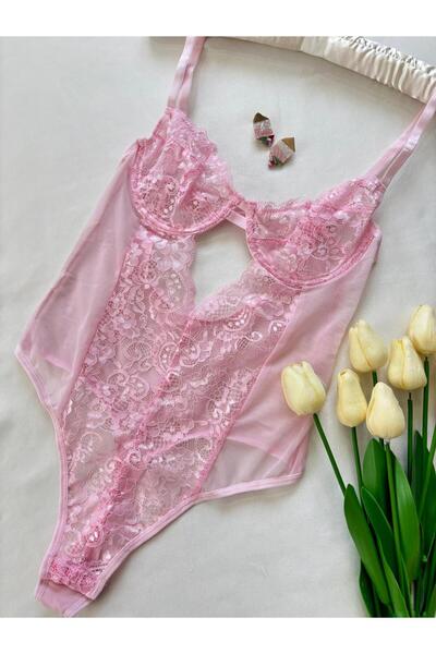 İNKO İÇ GİYİM Ροζ δαντελένιο κορμάκι με διάφανο κάτω μέρος με κουμπώματα