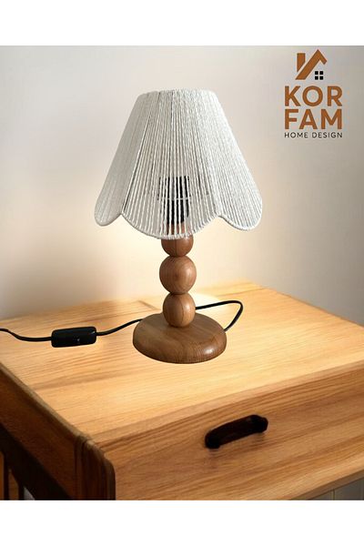 KorFam Rosalinda Lamp Shade - Wicker Handmade Bohemian Flower Shape Wooden Leg Rustic Lamp Shade White