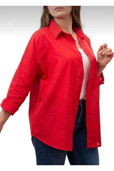 Modabenna Red Oversize Pocket Cotton Linen Shirt Loose Off Shoulder Women