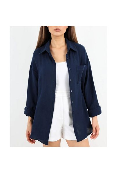 Modabenna Cămașă oversize din bumbac și in, albastru bleumarin, cu buzunare, cu umăr liber, femei