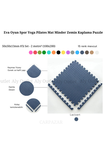 CARPAZAR Damla Desen Tatami Eva Spor Yoga Pilates Oyun Matı Halısı Minderi Puzzle 50x50 13mm 8 Adet 100x200