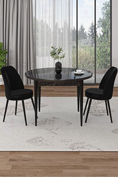 Canisa Tor Serisi Yuvarlak Siyah Mermer Desen Mutfak Masa Takımı Ve 2 Siyah S...