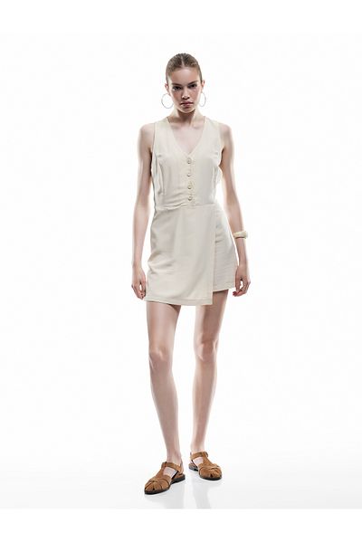 Koton V Neck Sleeveless Button down Linen Blend Mini Jumpsuit