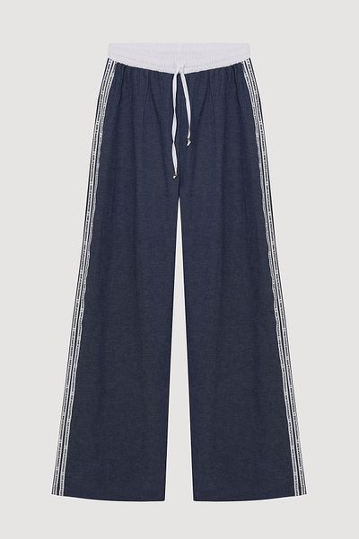 Quzu Side Stripe Written Denim Look Trousers Indigo