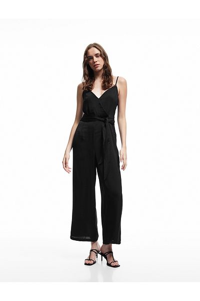 Koton Aerobin Fabric Belt Detailed Double Breasted Straps Wide Leg Long Satin Jumpsuit