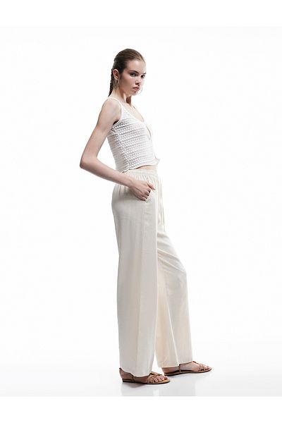 Koton Wide Leg Linen Blend Pants with Tie-Up Waist