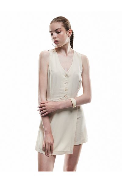 Koton V Neck Sleeveless Button down Linen Blend Mini Jumpsuit