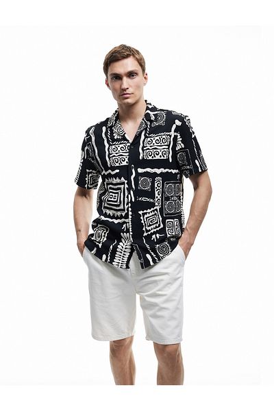 Koton Short Sleeve Regular Fit Turn-Down Collar Ethnic Patterned Shirt