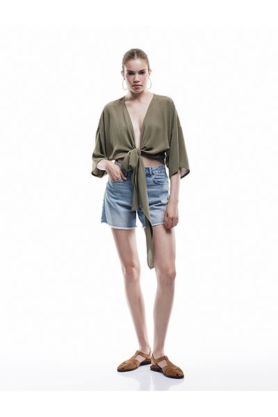Koton Short Sleeve Double Breasted Collar Tie Detail Oversize Kimono