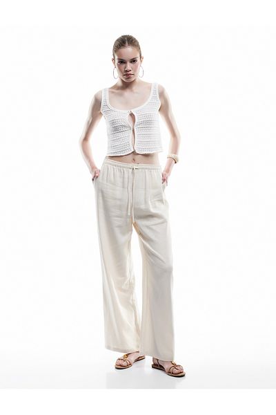 Koton Wide Leg Linen Blend Pants with Tie-Up Waist