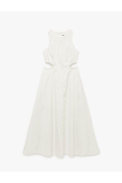 Koton Bavlněná podšívka Crew Neck Window Detail Korálkové vyšívané midi šaty bez rukávů